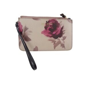 Kate Spade NY Cameron Rose Floral Print L-Zip Wristlet Beige Pink Purple Gold
